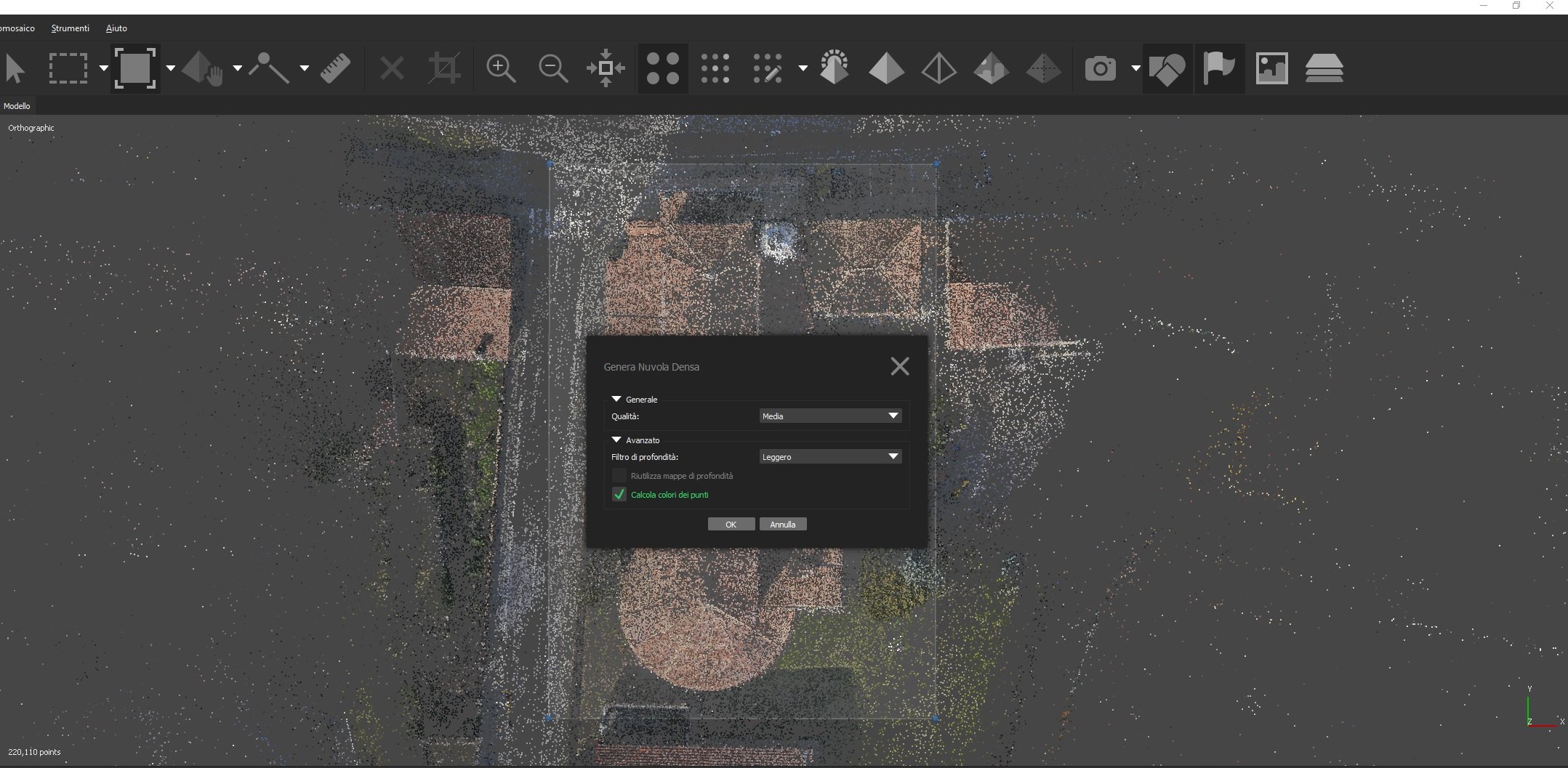 Aerofotogrammetria con drone e Agisoft Photoscan: dimensionare generazione nuvola densa
