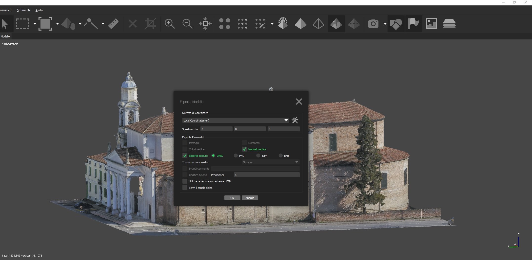 Aerofotogrammetria con drone e Agisoft Photoscan: esporta modello